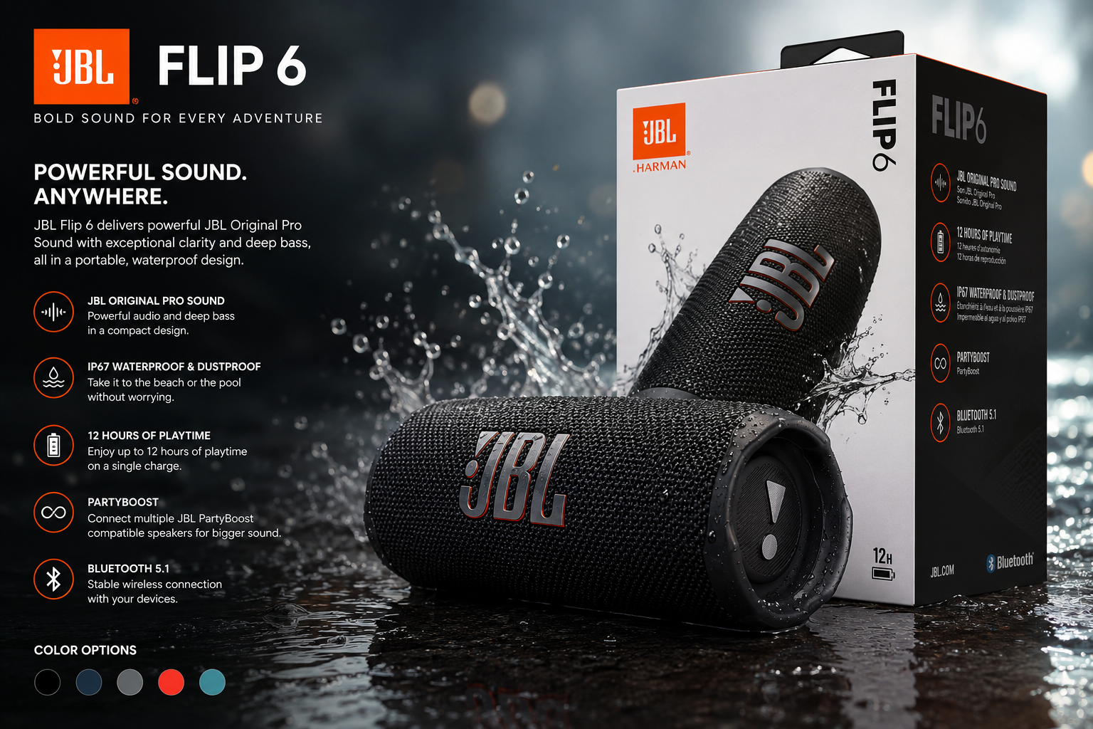 اسپیکر بلوتوثی قابل حمل JBL مدل FLIP 6 اصلی